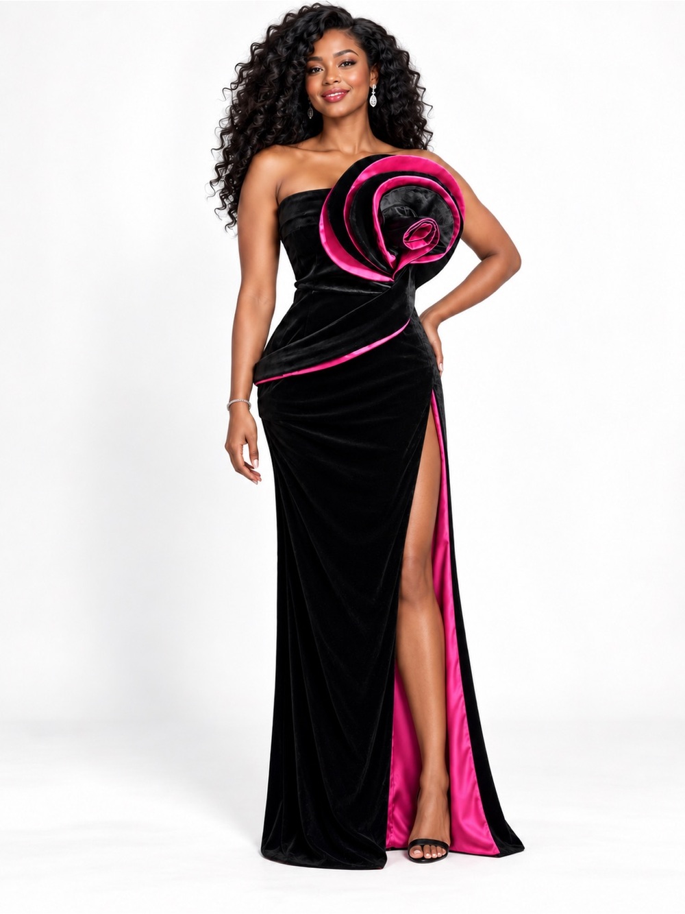 Strapless Black Velvet Evening Gown with Hot Pink Rosette Accent